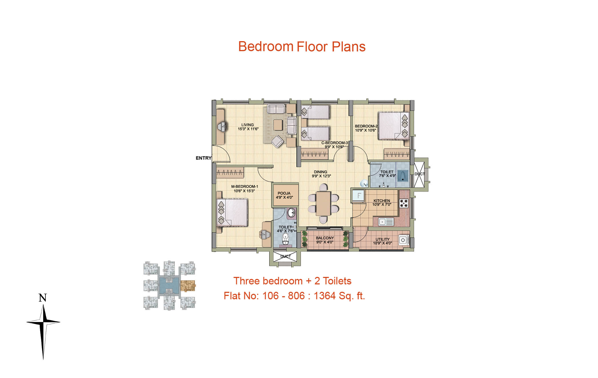 3 BHK Floor Plan- 1364 sq ft