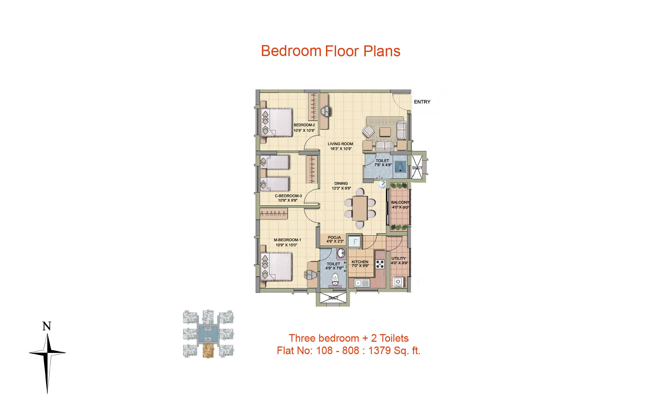 3 BHK Floor Plan-1379 sq ft